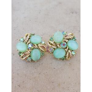 Lisner Vintage Clip-On Earrings Green Opaline Cabochon Rhinestone Floral Signed